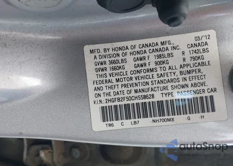 2012 Honda Civic Lx from USA, damaged, VIN 2HGFB2F50CH558628